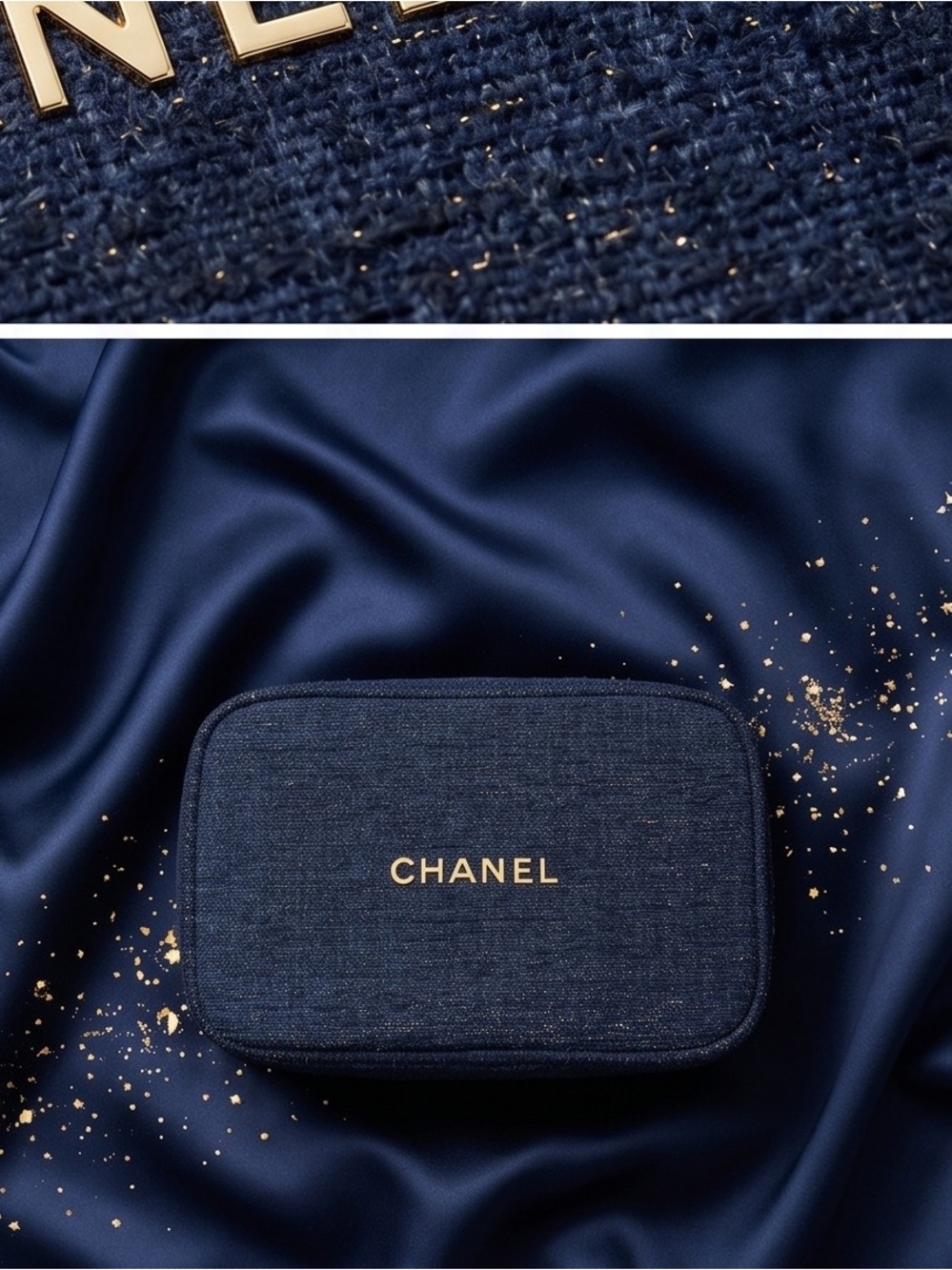 2023 Chanel Gift set  Sparkly Navy Denim Cosmetic Pouch - Picture 3 of 10